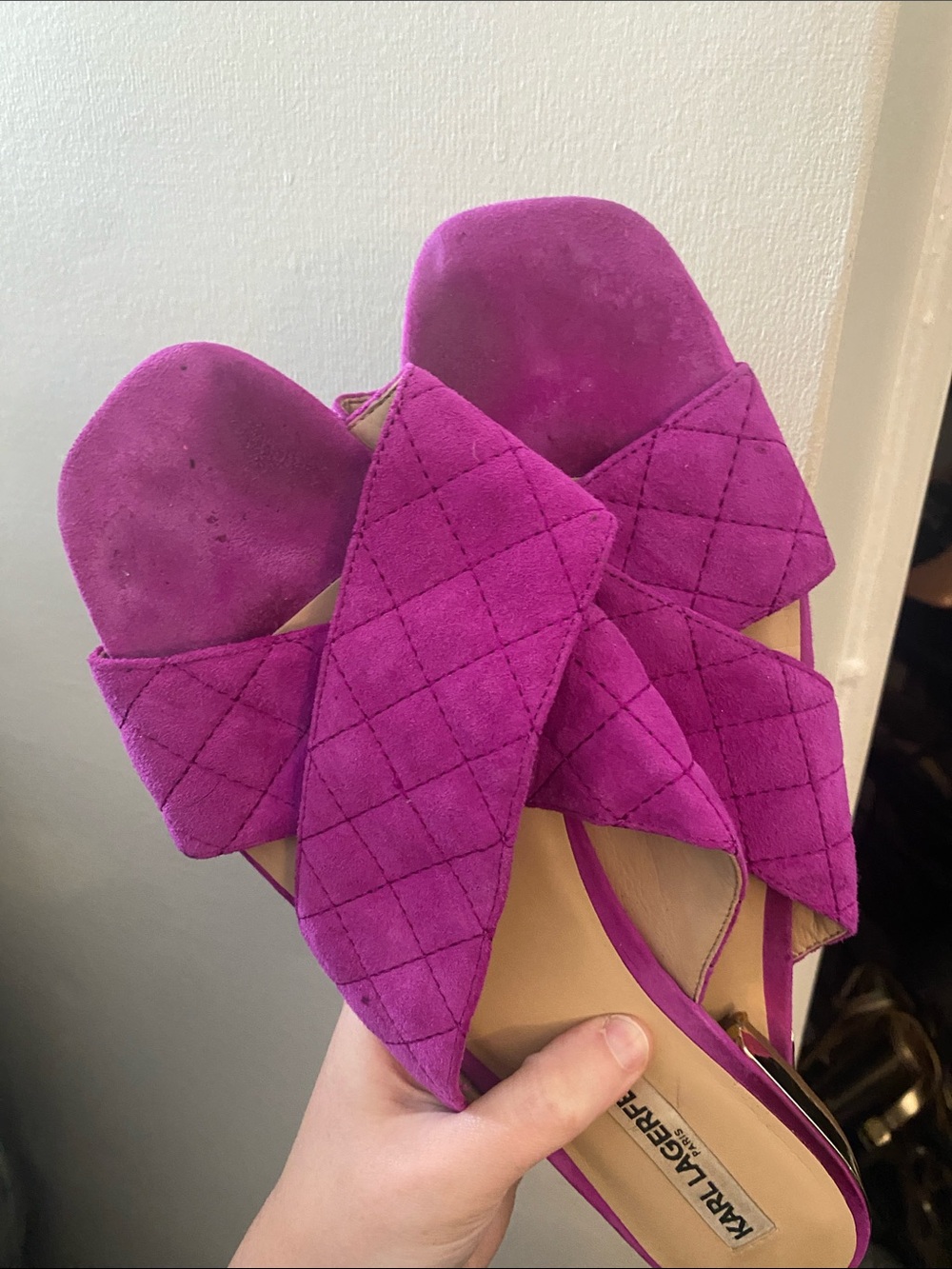 Karl Lagerfeld Quilted Fuchsia Suede Slingback Mules - Picture 2 of 2